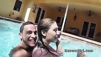 Busty girlfriend fucks in the outdoor pool