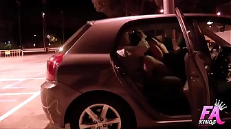 Two dudes outdoor fuck a y. right in a auto park
