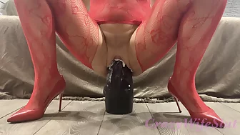 Crazy wife floozy swallows giant black toy in her slack cunt